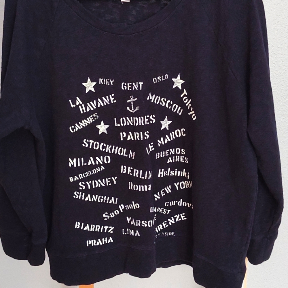 J Crew XL Heavy Knitted Navy Blue with World Cities